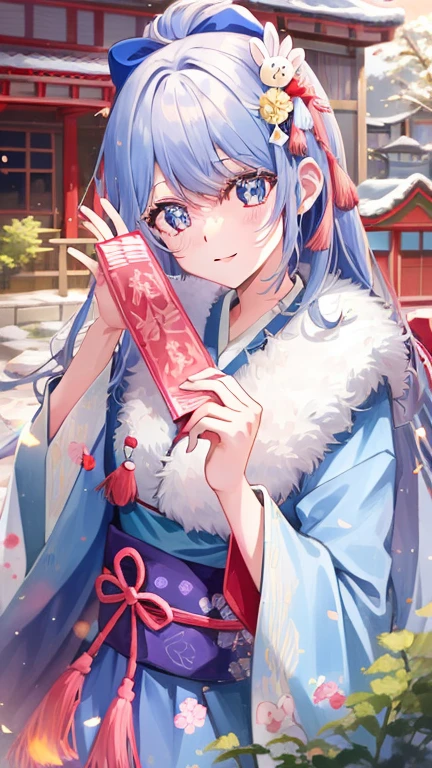 Anime girl in kimono costume holding red envelope in front of red building, anime visual of a cute girl, shikamimi, An anime cover, shikishi, Palace , A girl in Hanfu, shirabii, onmyoji, cute anime waifu in a nice dress, jellyfish shrine maiden 8k, Beautiful anime style, pixiv contest winner