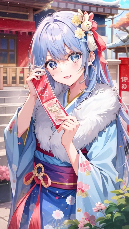 Anime girl in kimono costume holding red envelope in front of red building, anime visual of a cute girl, shikamimi, An anime cover, shikishi, Palace ， A girl in Hanfu, shirabii, onmyoji, cute anime waifu in a nice dress, jellyfish shrine maiden 8k, Beautiful anime style, pixiv contest winner