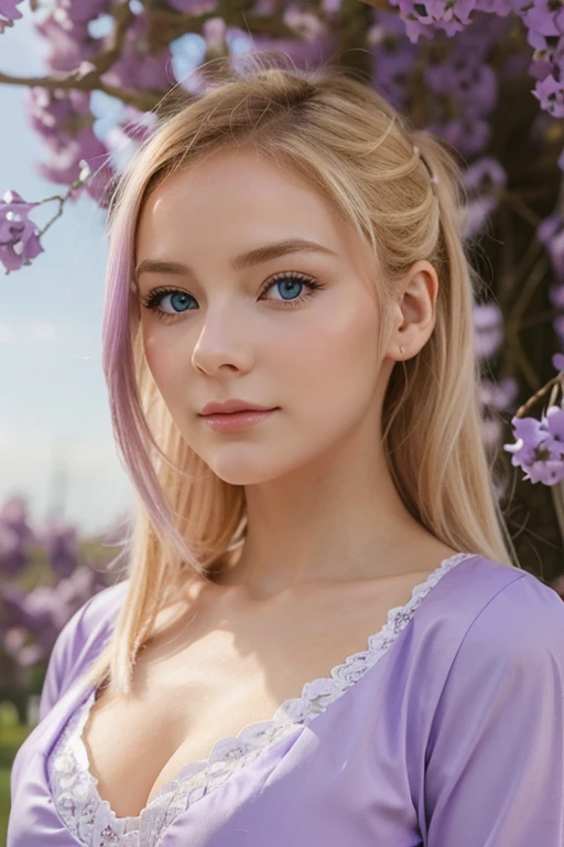 Fille aux cheveux blond clair de style anime avec des yeux de couleur violette soufflant des bulles sous le ciel étoilé