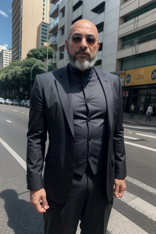 homem, cor parda, brasileiro, 40 anos, 1,83 metros de altura, 95 Kg de peso, totalmenbte careca, barba de lenhador preta, on Avenida Paulista in São Paulo - Brazil , vestido com traje social moderno