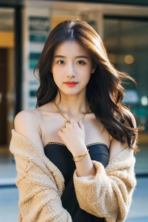 ((best quality)), ((masterpiece)), (detailed), 1girl, off-shoulder long jacket , seductive gaze , perfect body , luxury golden necklace , luxury golden bracelets ,black bra , boots , wrestling gear , beautiful straight black long hair
