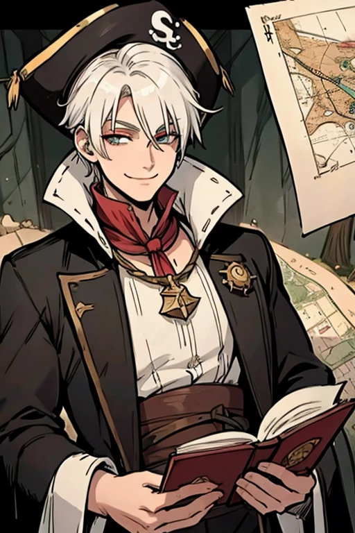 A young white haired man with ruby eyes in a pirates's outfit is reading a map on  treasure island with a big smile