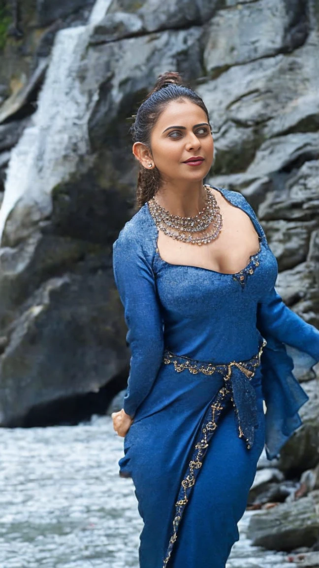 day scene, extreme close up photo of naked latina, hourglass figure, swooping breasts, showing deep cleavage, open arms, seducing near waterfalls, ponytail, necklace, blue satin silk half saree, look at viewer, (cinematic:1.3), intricate details, (ArtStation:1.2)