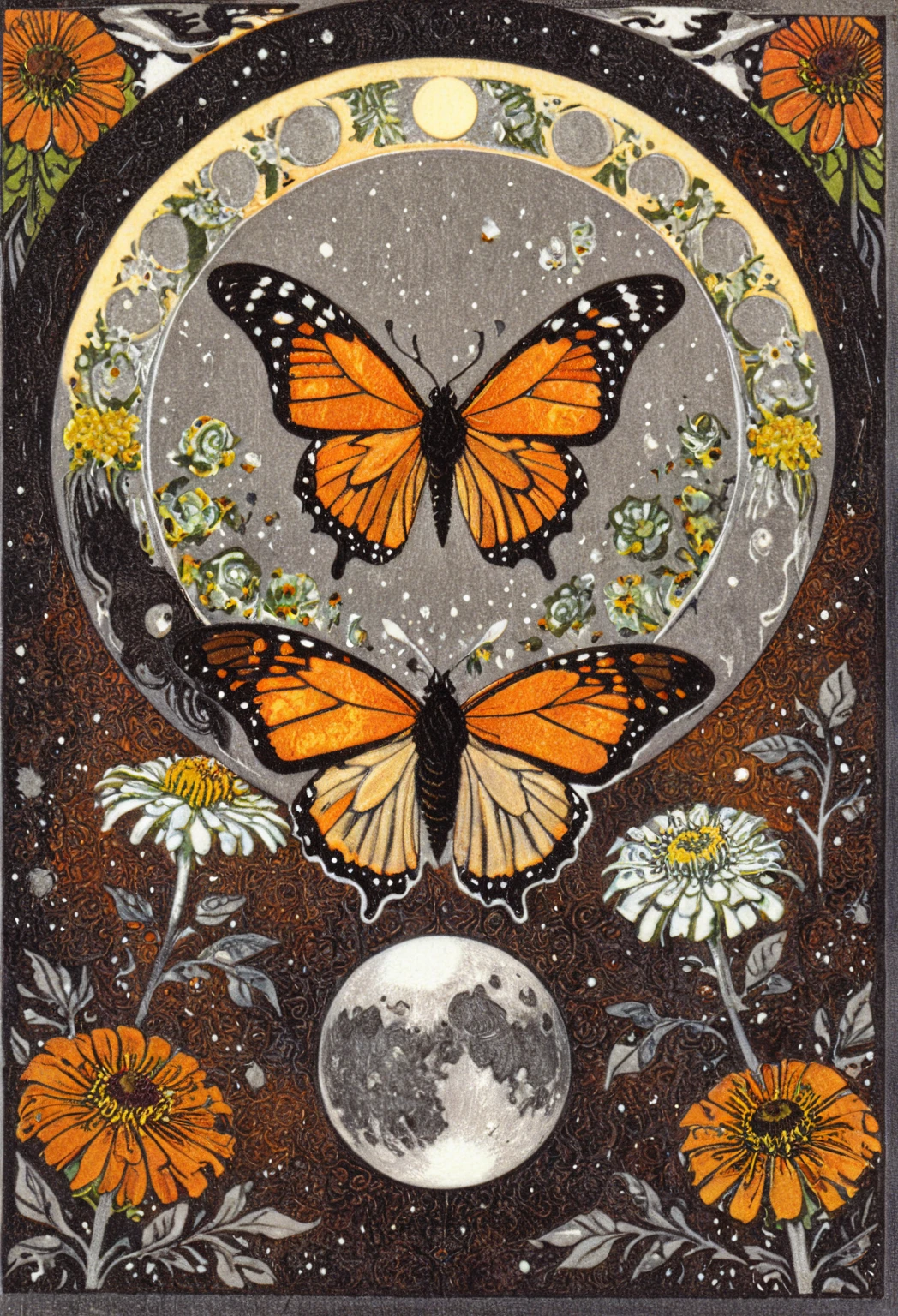 symmetric, balanced, monarch butterfly at the center of the moon surrounded by a frame of zinnia flowers, dark amber and gray colors, ephemeral patterns, witchcore aesthetics, cloisonnism, eleanor vere boyle, Ivan Bilibin Style page, lks73zb1, Inkdrawing, by Kr355e