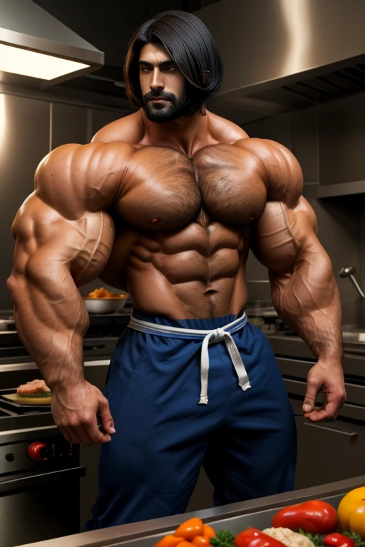 1 sexy black haired guy with semi short straight hair that covers half of his face with a lot of body hair he is super strong with a lot of muscle., completamente desnudo, juega al chef, revelador, sexi, aceitoso.