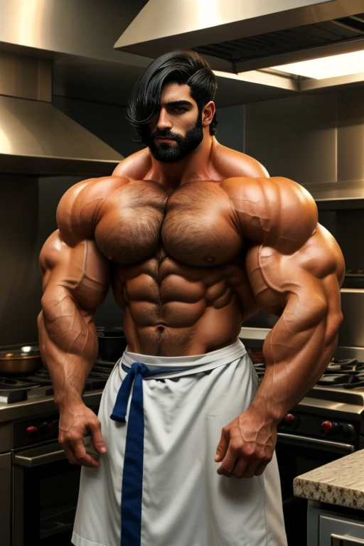 1 sexy black haired guy with semi short straight hair that covers half of his face with a lot of body hair he is super strong with a lot of muscle., completamente desnudo, juega al chef, revelador, sexi, aceitoso.