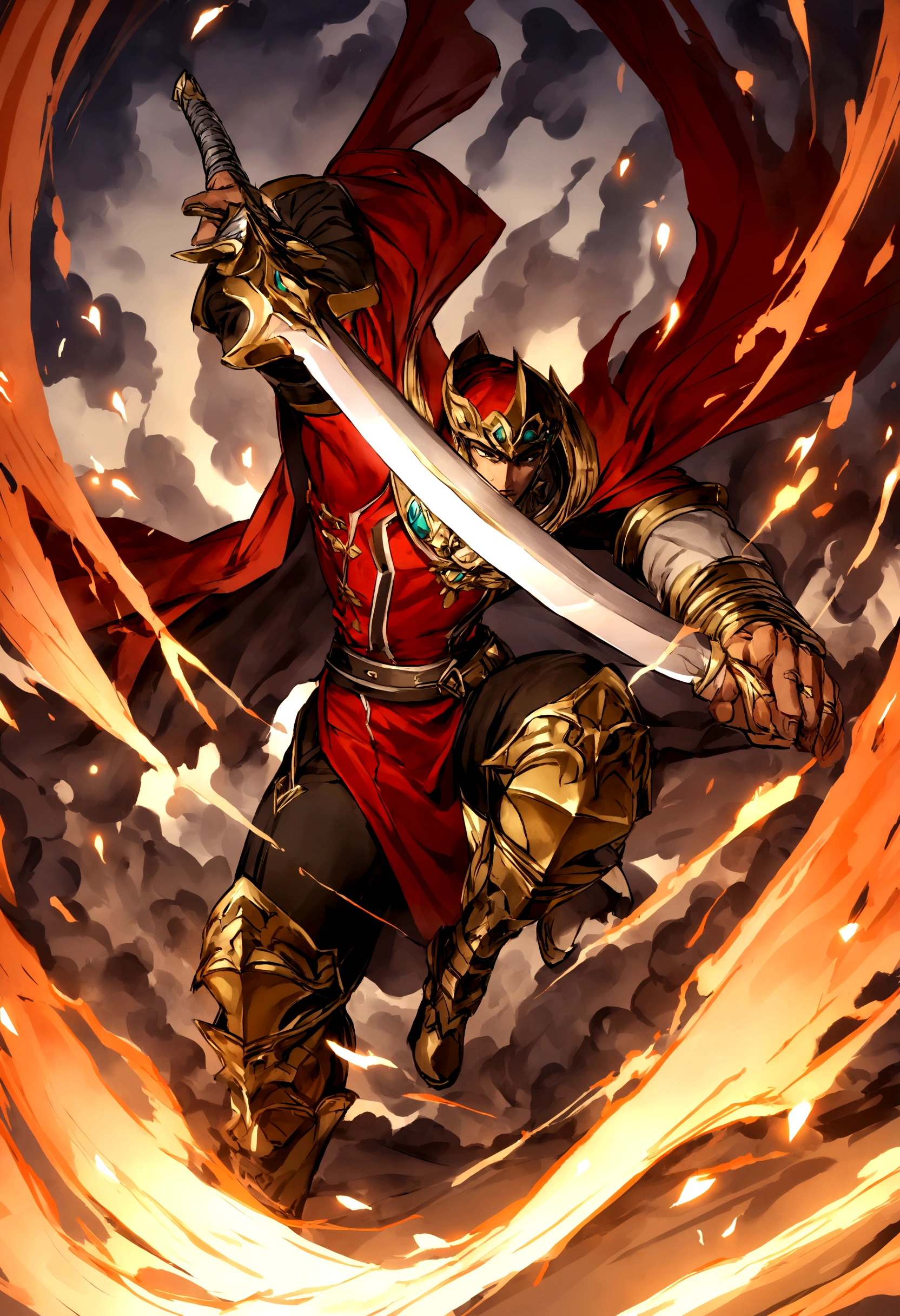 Homem com espada flamejante grande lutando contra um kaij