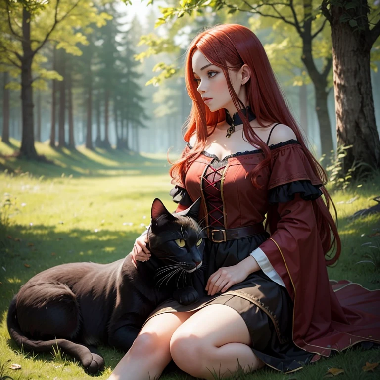 A beautiful red-haired girl sits on the grass next to a large black cat in a clearing in the forest, With a cat, She is about 16 years old, profile picture, pet(big black cat), she wears medieval clothes, beautiful girl, very very realistic, high quality portrait, girl portrait, chill on the sunpoint