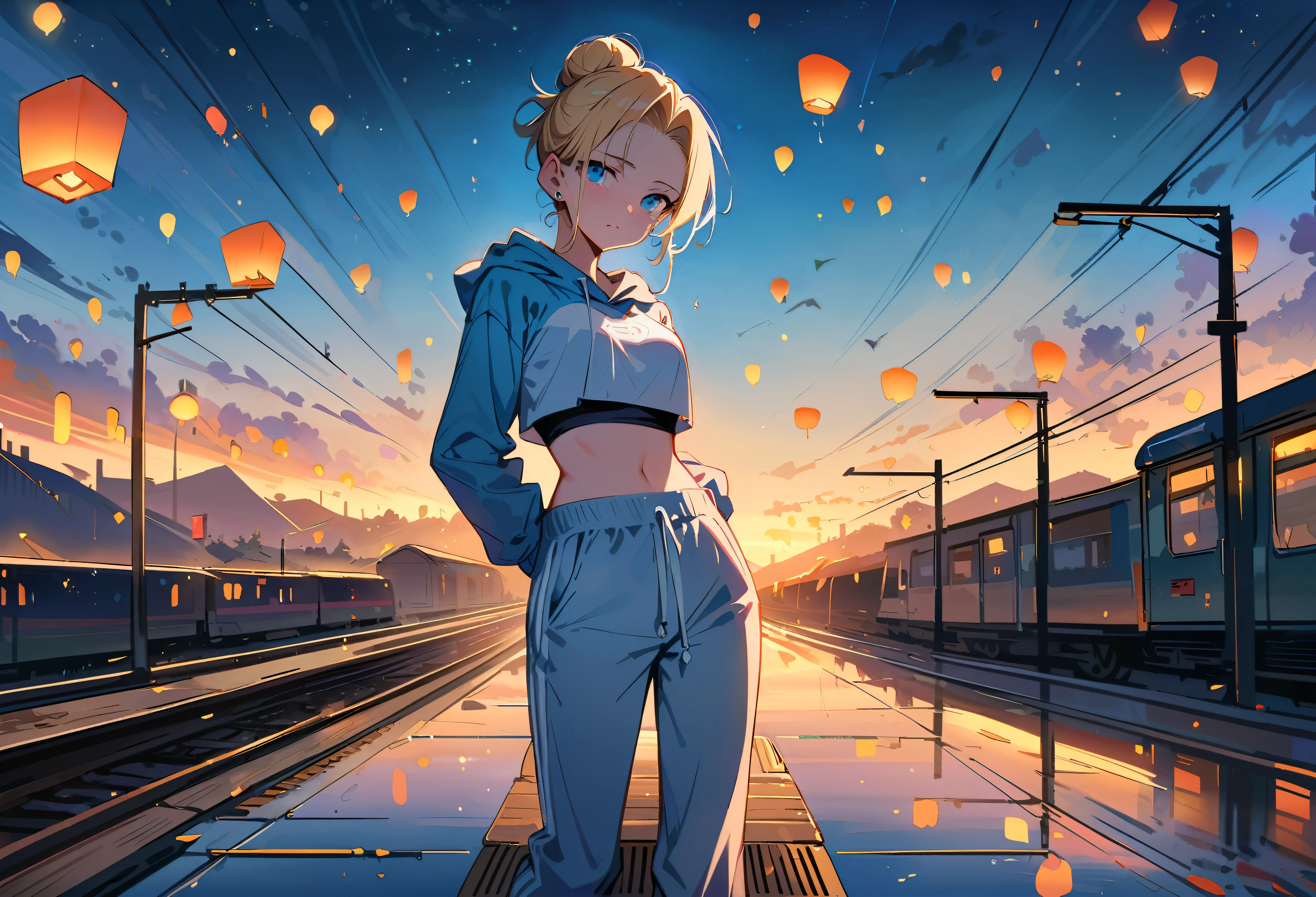 (masterpiece, best quality:1.2), solo, Android 18 from Dragon Ball, (light gray top), ((slip-on crop top)), ((long sweatpants)), ((light grey sweatpants)), (hooded jacket), thighs, midriff, small breasts, blonde hair, (single hair bun), ((blue eyes)), earrings on earlobes, slender feminine figure, narrow waistline, skinny body, long legs, tears of emotion, tearing up, train station platform, countless sky lanterns drifting in evening sky, night, fair weather, dreamlike, surreal, fantastical, the Lantern Festival, magnificent view, blur background, 4K