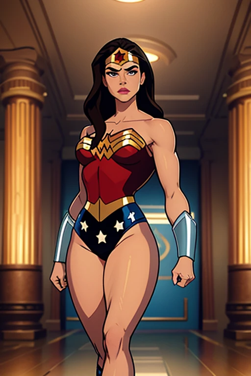 PhotoRealistic Art Style Best Qualit:1.3, Natural Beauty, Masterpiece, Full Body View Visible, Hailee Steinfeld, Perfectly Accurate Face Proportion,Realistic Light Hazel Brown Eyes, Thick Eyebrows, Brown hair, slim toned Thighs, tight ass, perky round breast , slim athletic body type, perfect body type, wonder woman, Regal Posture with Focus on Buttocks: Standing elegantly with one foot slightly in front of the other, the tight suit clings to Wonder Woman’s body, highlighting the curves of her hips and the shape of her buttocks. The suit's fit emphasizes her graceful yet powerful form, with the smooth lines accentuating her posture.