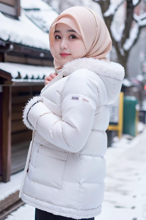 Best quality, 4K, 8K, Detailed faces,fully body photo, Clear face, Japanese muslim girl, 21 years old girl, Perfect body figure, Long slim legs, Pasmina hijab, black hijab, Long down jacket with hood, White jacket, Fur hood jacket, Gloves, Snowy Tokyo background 