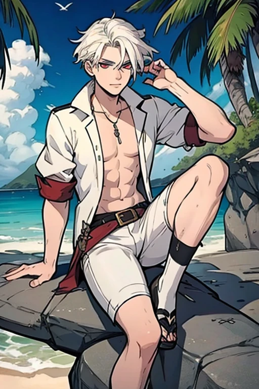 A young white haired man with ruby eyes in a pirates's outfit is sitting on a rock on a tropical beach