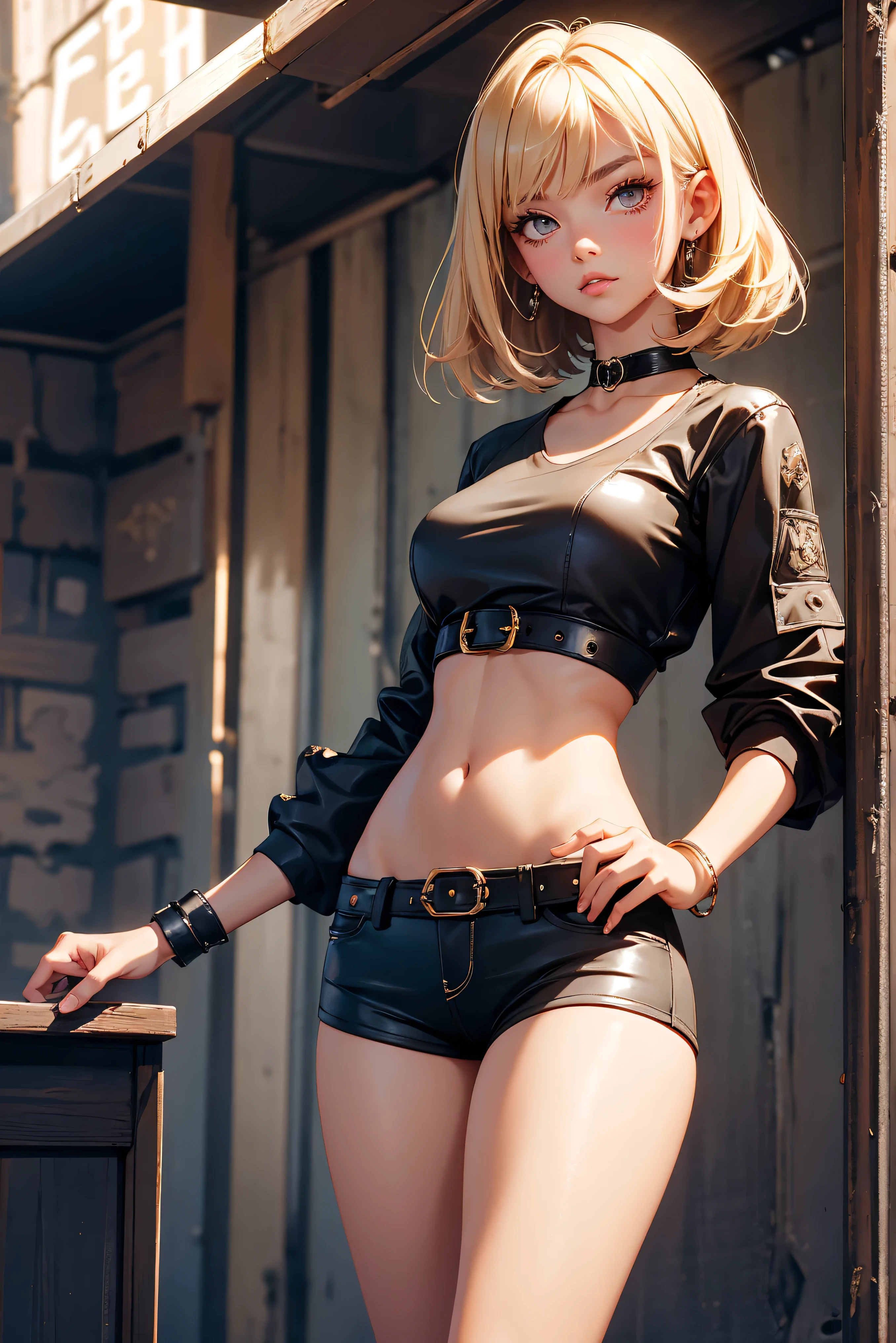 Teenage girl 20 years old, hot model, blonde, bob hairstyle, bangs, brown eyes, makeup, manicure, very tanned, crop sleeve top, very short mini shorts, bracelets, choker, belt, beautiful long legs, beautiful thigh line, hands on hips, flirty posing, sexy girl, slave girl, punished girl, a girl is arrested and handcuffed, handcuffs and shackles on her hands, dungeon, jail, haunted castle, aesthetics, top quality,