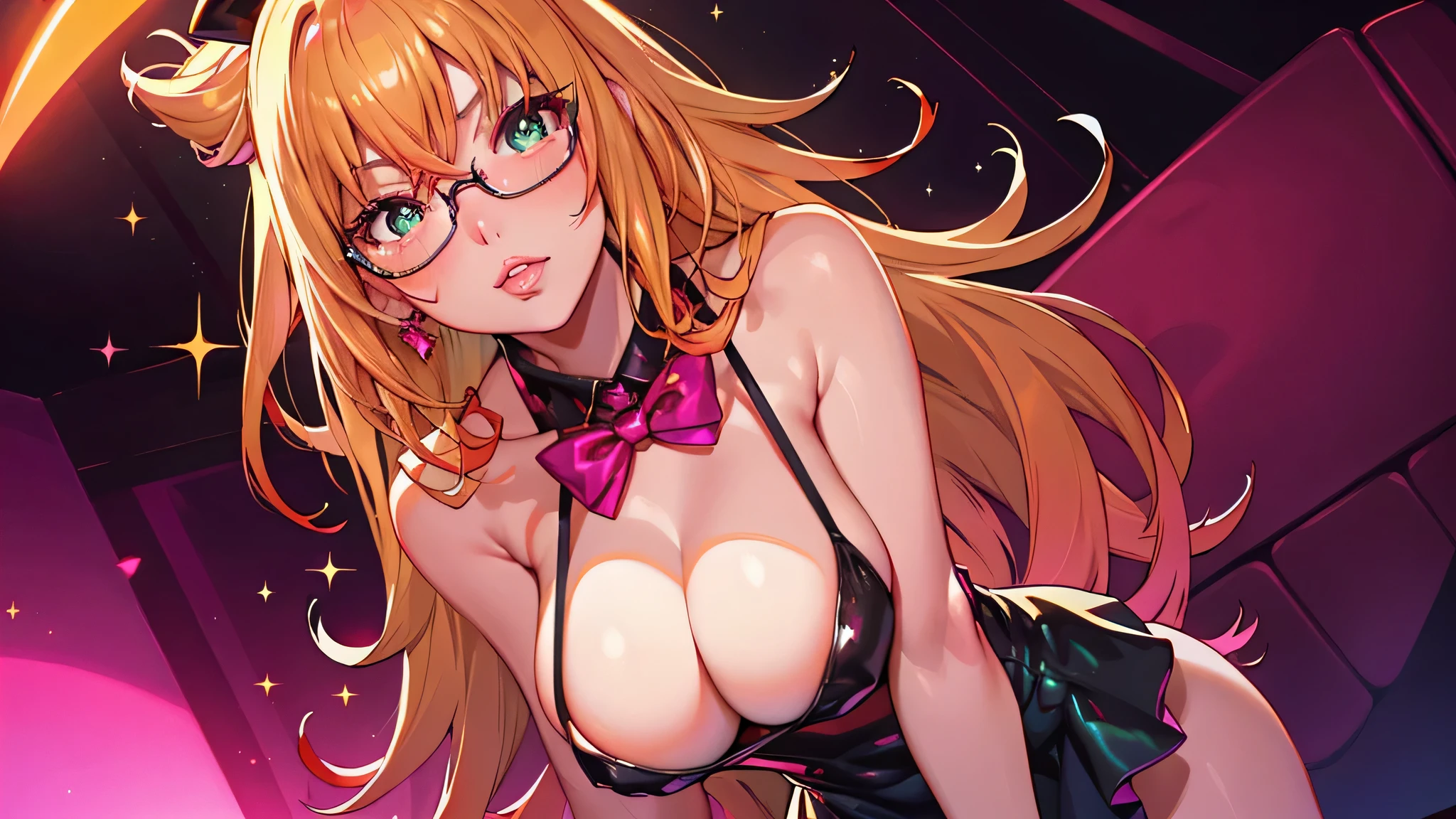 blush,natural light, masterpiece, glossy skin, juicy lips , ,sexy, hot, , cleavage, evil,juicy lips, bimbo, hour glass, blonde hair, wide eyes, green eyes, massive , dark lighting, long hair, pink bow, platform shoes, bow in hair, golden round glasses, sandy blonde hair, no hair on forehead, no fringe, juicy lips, dark light, ((orange aura)), ((sparkles)), rainbow atmosphere,.pink atmosphere, sexy black dress,.cowboyshot, from below, standing, skull hair ornament, image size 16:9
