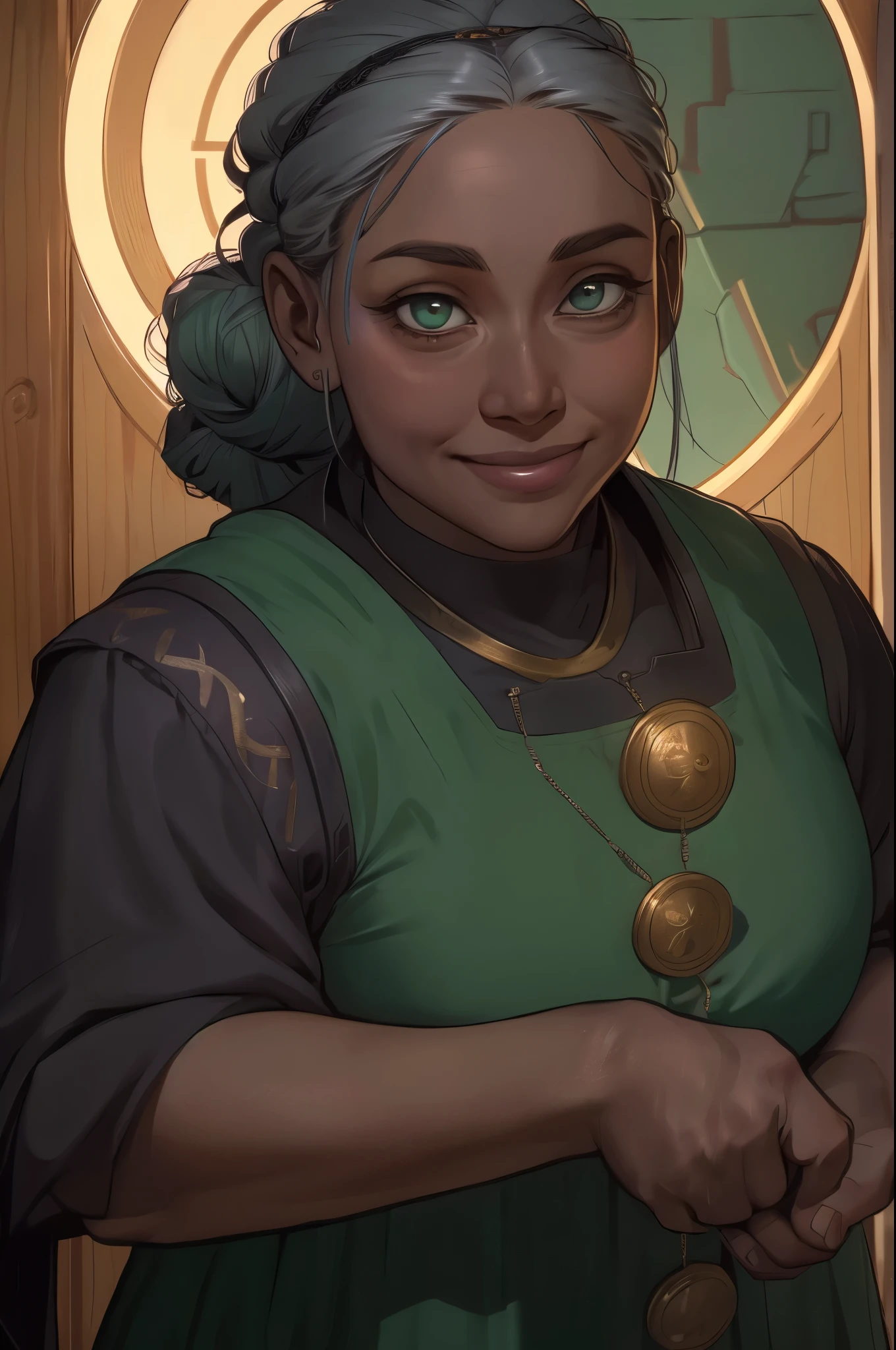 Clementine Appleseed,
Grocer, ((Female Dwarf)),
(((elder))), determined, ((excited smile)), thick lips, grey hair tied back into a tight bun, dark green eyes. 4ft. 1″, well-fed build, hunched and fragile, | (8k, RAW photo, best quality, masterpiece:1.2), ultra-detailed, (high detailed skin:1.2), 8k uhd, dslr, soft lighting, high quality, ((upper body)), (centered:1.2), ((LOOKING at the VIEWER)), asura, film grain, highly detailed shading, ((perfect_hands):1), Goodhands-beta2, Detailed eyes, perfect face, perfect eyes, Detailed face,