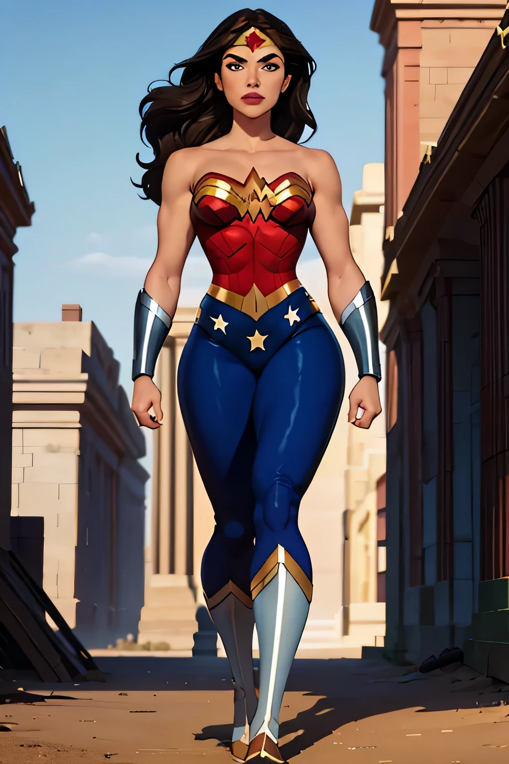 PhotoRealistic Art Style Best Qualit:1.3, Natural Beauty, Masterpiece, Full Body View Visible, Hailee Steinfeld, Perfectly Accurate Face Proportion,Realistic Light Hazel Brown Eyes, Thick Eyebrows, Brown hair, slim toned Thighs, tight ass, perky round breast , slim athletic body type, perfect body type, wonder woman, Regal Posture with Focus on Buttocks: Standing elegantly with one foot slightly in front of the other, the tight suit clings to Wonder Woman’s body, highlighting the curves of her hips and the shape of her buttocks. The suit's fit emphasizes her graceful yet powerful form, with the smooth lines accentuating her posture.