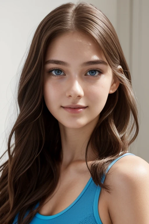 16 years old  girl, beautiful big striking blue eyes, delicate black eyebrows, rosy cheeks, red lips, smiling face very white skin, long wavy orange hair cascading around her face and shoulders, detailed eyelashes, photorealistic cyberpunk style, perfectly focused, creamy smooth complexion, beautifully lit by soft diffused studio lights, extremely fine details, finely textured skin and hair full head to toe photo, wearing sport leggings