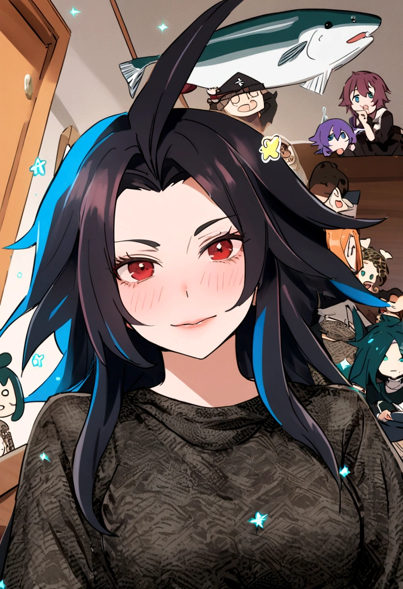 1 , bonito, cabelo preto, comma hair, forehead comma hair, cabelo coreano, estilo de rua, Moletom roxo, brilhante, olhos castanhoss, olhando para o espectador, tronco, (feliz:1),
