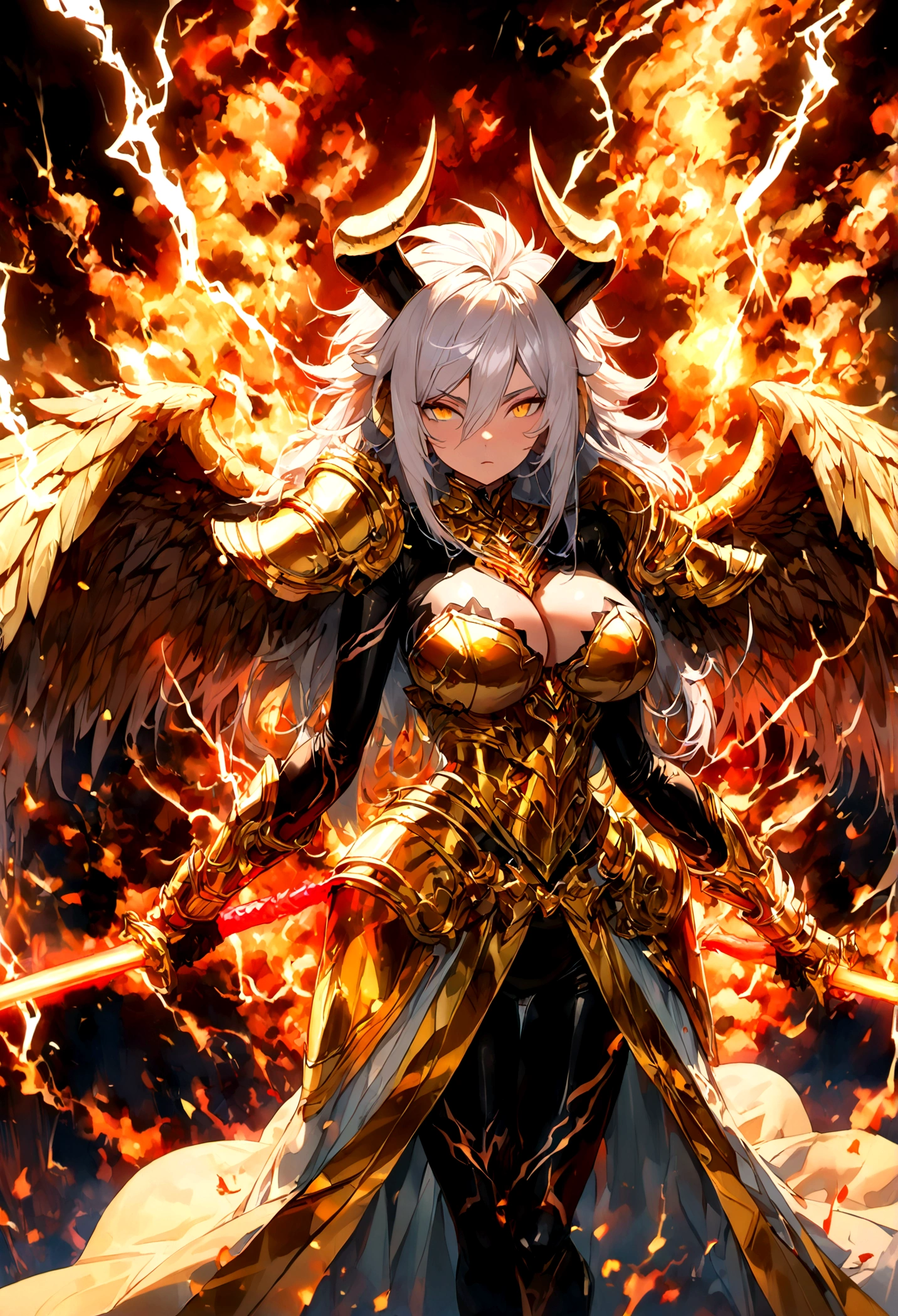 ((Lightning Power)), ((Electricity)), ((Fire Background)), ((android 21 Evil)), (((white Coat))), (((Darkness power))), (((Busty))), (((((Big breast:1,3)))), luxury bustier corset, ((silver hair)), (((Very slim waist))), propotional body, ((Gorgeous)), ((gold wings)), masterpiece, hyperdetail, ambient effect, digital effect, (((FIRE SWORD)), (((Lightning Sword))), (((Fire Gold Armor))), ((Lightning Gold Wings)), ((Fire Demon Horns))