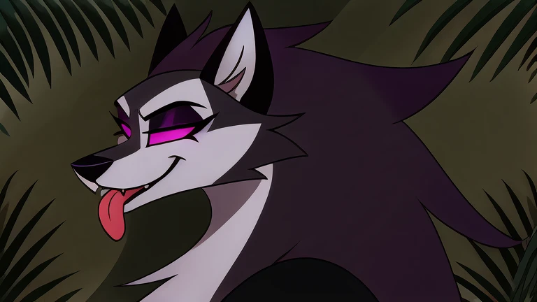 (masterpiece, best quality:1.2), Vortex female hellhound, wolf, furry, helluva boss, glowing purple eyes, tongue out, he wears a black t-shirt with a gray vest with red spikes on the shoulders and black pants. marching on all fours, jungle background, profile picture, full body image