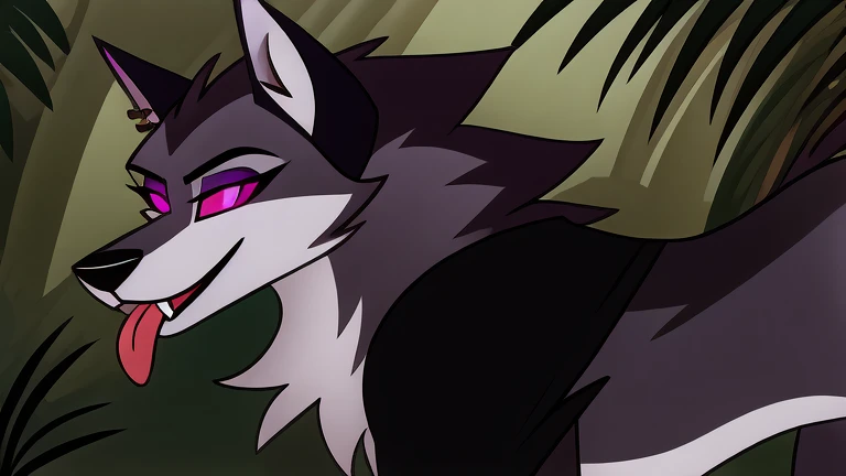 (masterpiece, best quality:1.2), Vortex female hellhound, wolf, furry, helluva boss, glowing purple eyes, tongue out, he wears a black t-shirt with a gray vest with red spikes on the shoulders and black pants. marching on all fours, jungle background, profile picture, full body image