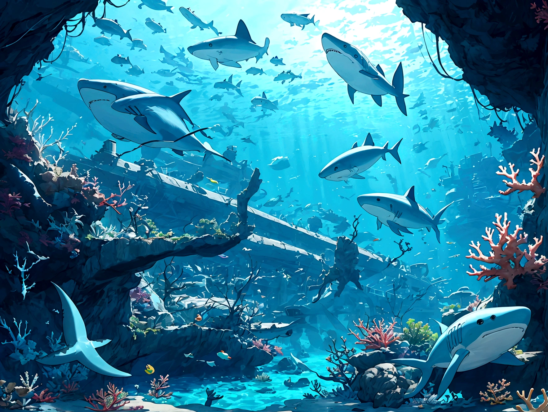 A massive underwater city with submarines and coral reefs, sunken ships and many colorful sharks and fish, whales, bubbles,