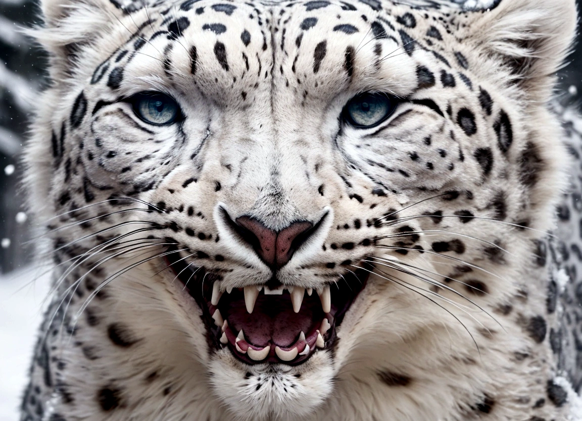 A giant snow leopard, white with grey and blue spotted, (3 giant fangs in the lower part of the mouth), photorealistic, 8k, uhd, masterpiece, in a snow land in the edge of a forest