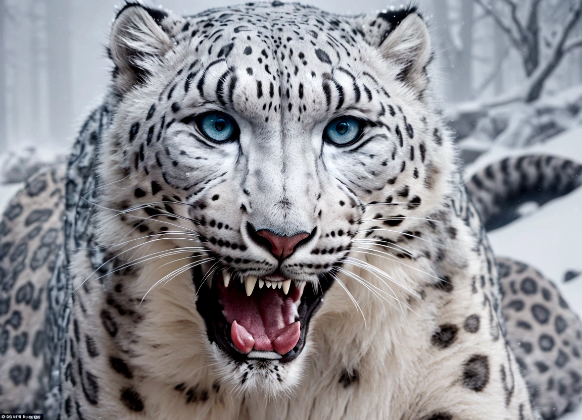 A giant snow leopard, white with grey and blue spotted, (3 giant fangs in the lower part of the mouth), photorealistic, 8k, uhd, masterpiece, in a snow land in the edge of a forest