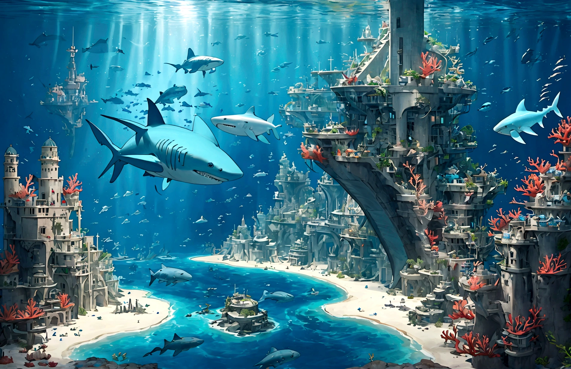 A massive underwater city with submarines and coral reefs, sunken ships and many colorful sharks and fish, whales, bubbles,