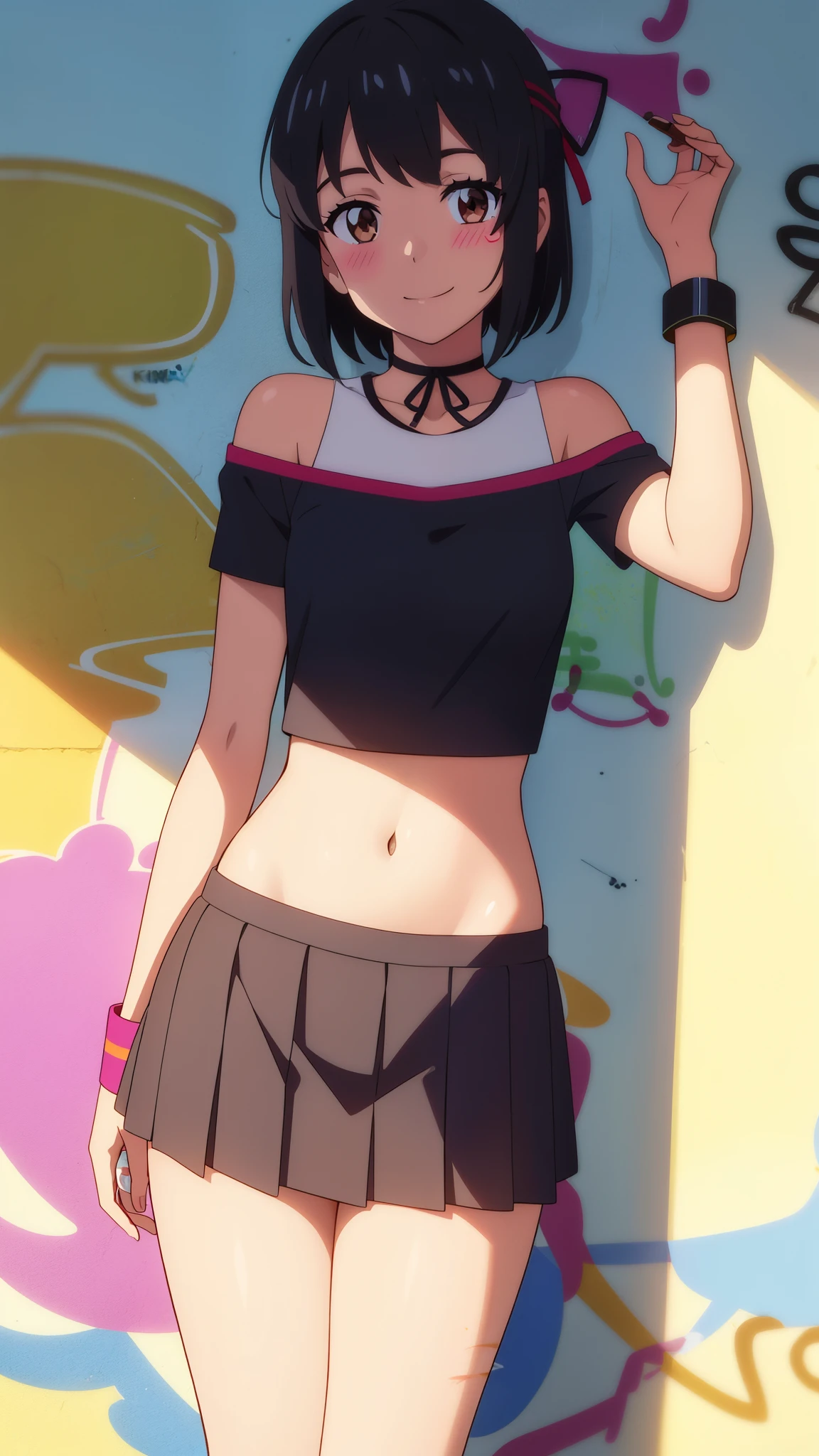 shinkai makoto, kimi no na wa., 1girl, bangs, black hair, blush, brown eyes, shinny skin, crop top, looking at the viewer, red headband, red ribbon, short hair, smile, cute, solo, pleated skirt, bare shoulders, smile, paint splatter, against wall, armband, head tilt, perfect body, best quality, masterpiece, (graffiti:1.5)