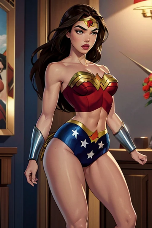 PhotoRealistic Art Style Best Qualit:1.3, Natural Beauty, Masterpiece, Full Body View Visible, Hailee Steinfeld, Perfectly Accurate Face Proportion,Realistic Light Hazel Brown Eyes, Thick Eyebrows, Brown hair, slim toned Thighs, tight ass, perky round breast , slim athletic body type, perfect body type, wonder woman, Regal Posture with Focus on Buttocks: Standing elegantly with one foot slightly in front of the other, the tight suit clings to Wonder Woman’s body, highlighting the curves of her hips and the shape of her buttocks. The suit's fit emphasizes her graceful yet powerful form, with the smooth lines accentuating her posture.