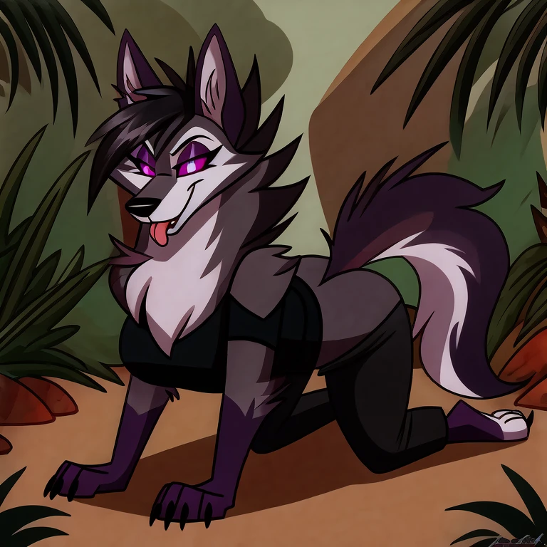 (masterpiece, best quality:1.2), Vortex female hellhound, wolf, furry, helluva boss, glowing purple eyes, tongue out, he wears a black t-shirt with a gray vest with red spikes on the shoulders and black pants. marching on all fours, jungle background,