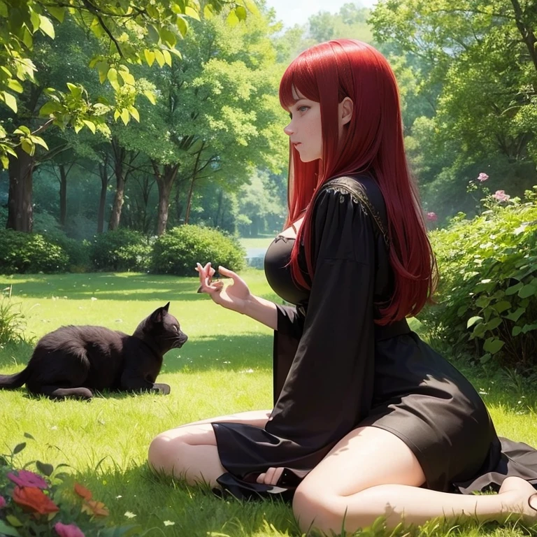 Fantasy World, A beautiful red-haired witch girl sits on the grass next to a large black cat in the forest in a clearing, With a cat, She is about 16 years old, profile picture, pet(big black cat), she wears medieval clothes, beautiful girl, very very realistic, high quality portrait, girl portrait, chill on the sunpoint