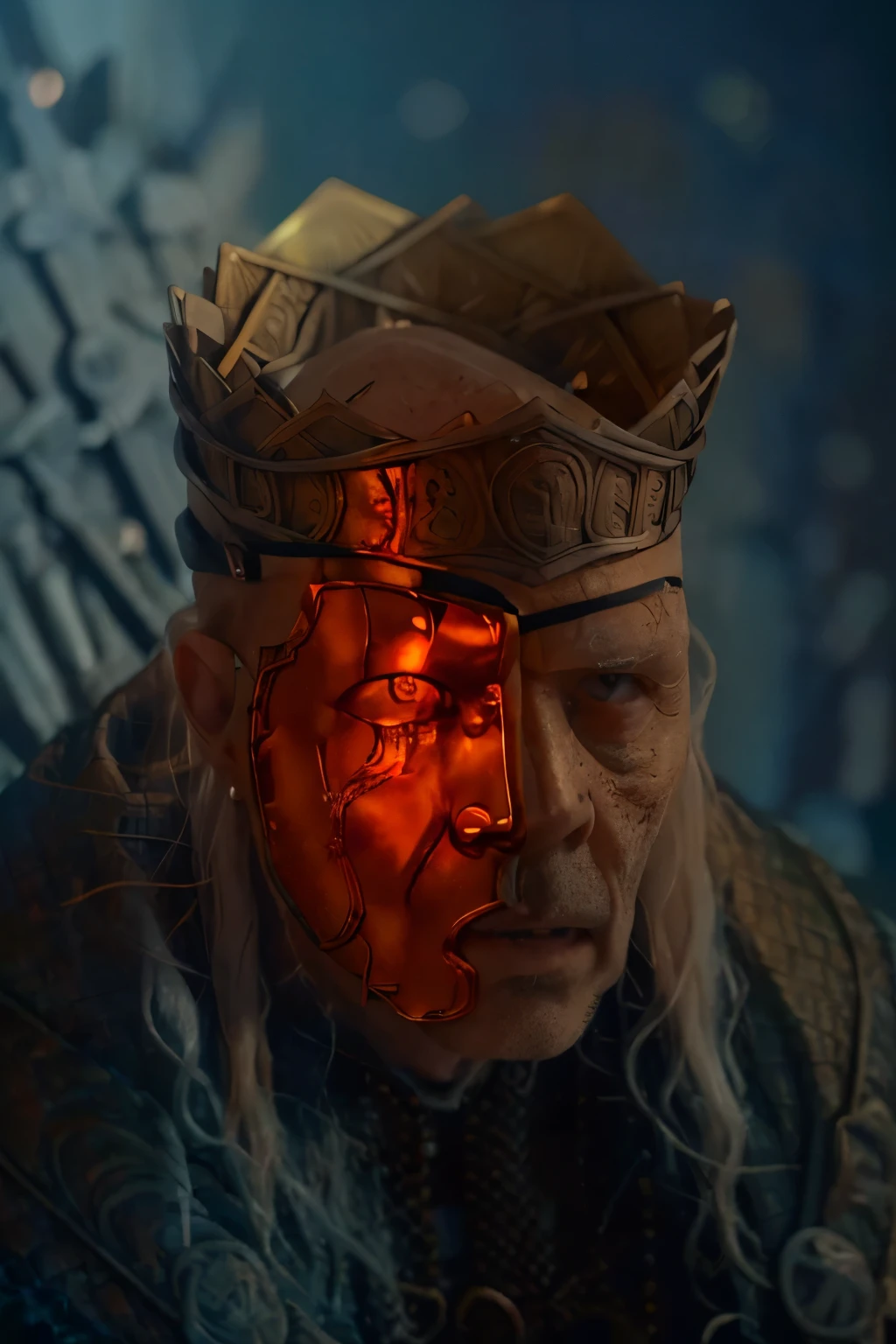 
(masterpiece, best quality:1.2), (((1 Man, male))), (((Cinematic epic poster))) of Sick Viserys ,((old man 80 years old)), (((hotting face))) , zombie , ((wearing a golden mask on half face, crown on her head)),  sitting on Iron Throne, Gothic style, (((detailed face))), (a detailed RAW photo of a ), (master part:1.0), (best quality:1.4), (Ultra Highres:1.2), (photorealistic:1.4), 8K resolution, Canon EOS R5, 50 millimeters, Absurd, Ultra Detailed, sharp focus, Cinematic lighting, detailed face, (ULZZANG-6500-V1.1), detailed skin texture, pale skin, chest round, (pale :0.5), Cinematic lighting. (((Abstract flame background, cinematic lighting ))) 