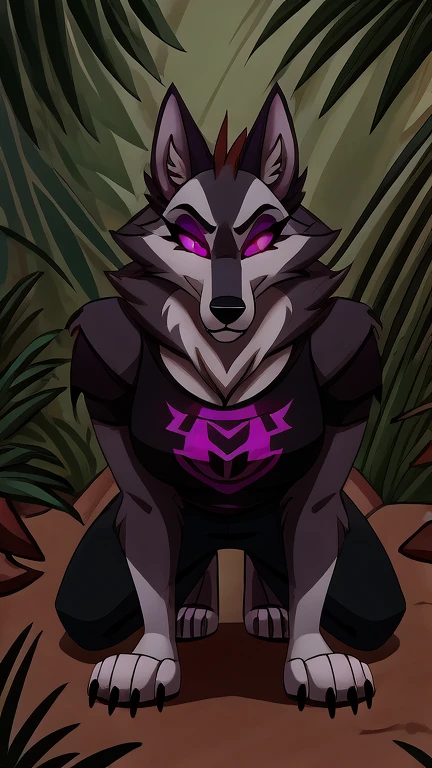 (masterpiece, best quality:1.2), Vortex female hellhound, wolf, furry, helluva boss, glowing purple eyes, tongur out, he wears a black t-shirt with a gray vest with red spikes on the shoulders and black pants. marching on all fours, jungle background,