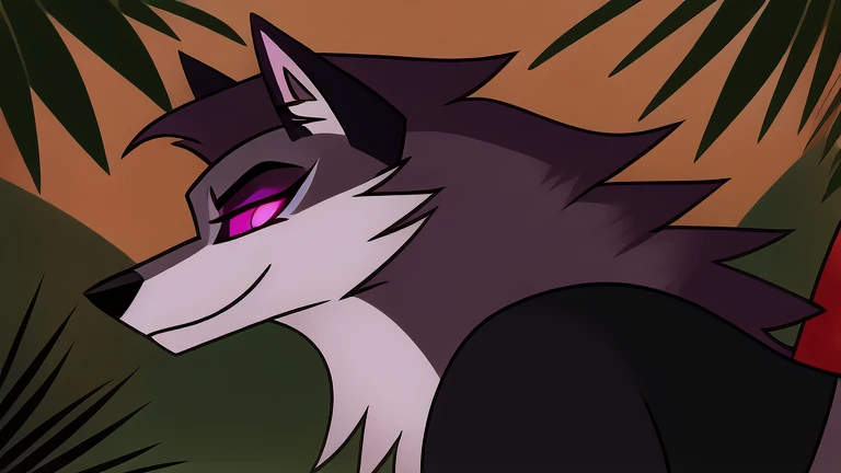 (masterpiece, best quality:1.2), Vortex female hellhound, wolf, furry, helluva boss, glowing purple eyes, he wears a black t-shirt with a gray vest with red spikes on the shoulders and black pants. marching on all fours, jungle background, profile picture