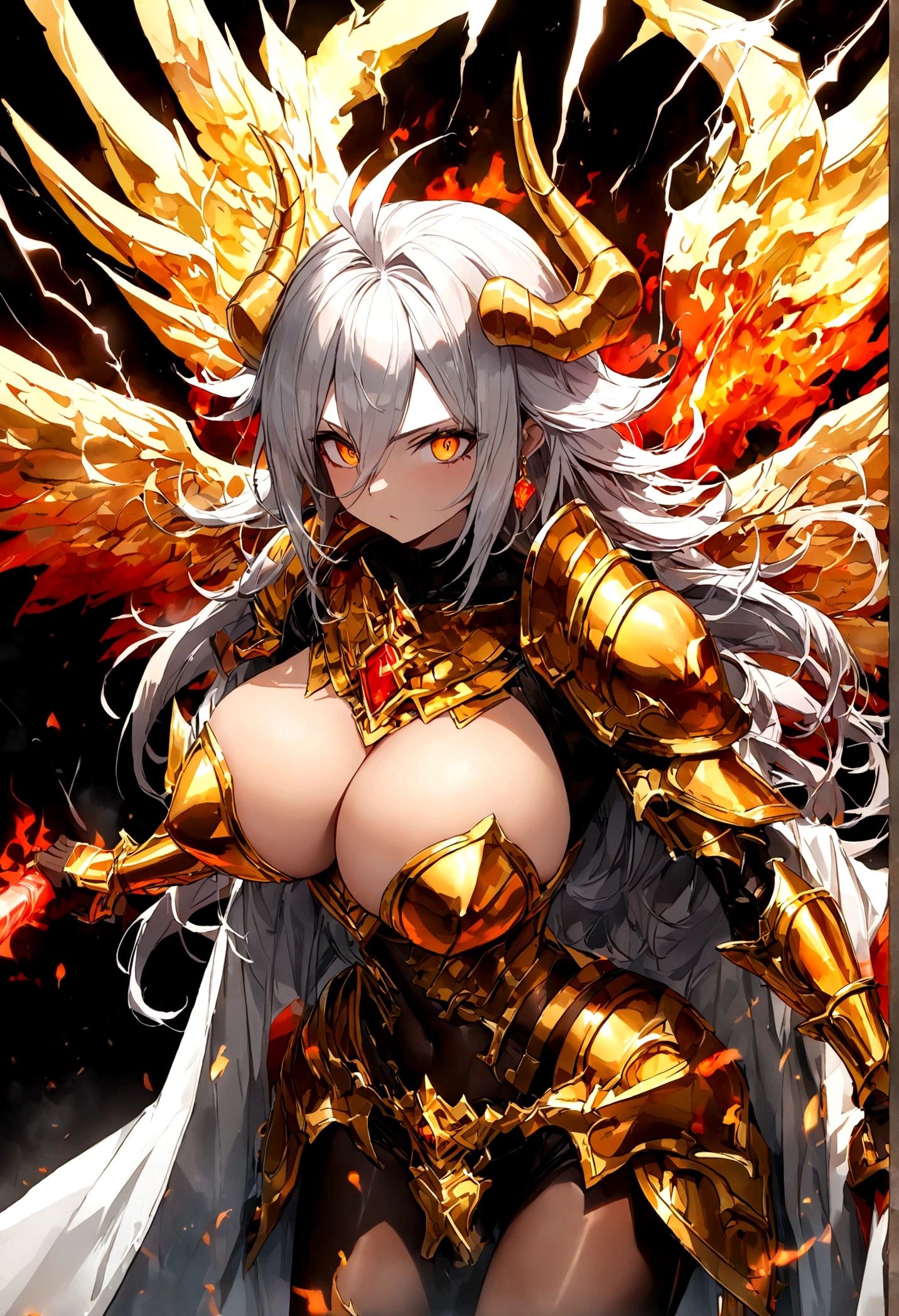 ((Lightning Power)), ((Electricity)), ((Fire Background)), ((android 21 Evil)), (((white Coat))), (((Darkness power))), (((Busty))), (((((Big breast:1,3)))), luxury bustier corset, ((silver hair)), (((Very slim waist))), propotional body, ((Gorgeous)), ((Fire gold wings)), masterpiece, hyperdetail, ambient effect, digital effect, (((FIRE SWORD)), (((Lightning Sword))), (((Fire Gold Armor))), ((Lightning Gold Wings)), ((Fire Demon Horns))