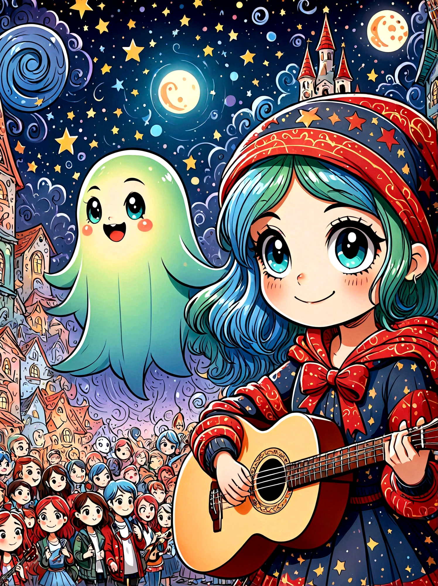 (masterpiece,Best quality:1.2,lifelike:1.4),Cartoon Characters,Vector illustration,Cartoon hand drawn, 1girl, solo, Cute young charming little blue riding hood girl,Strong vampire makeup, Playing an old guitar,the guitar player,(Ghost Crowd),Ghost Viewer,(Concert scene:1.5),Starry nights,Gloomy and foggy atmosphere,The cute absurdity,The attraction and rejection of extraordinary appearance,Magical naive art,Bright blue and green, 1kexx1 Blue-haired girl