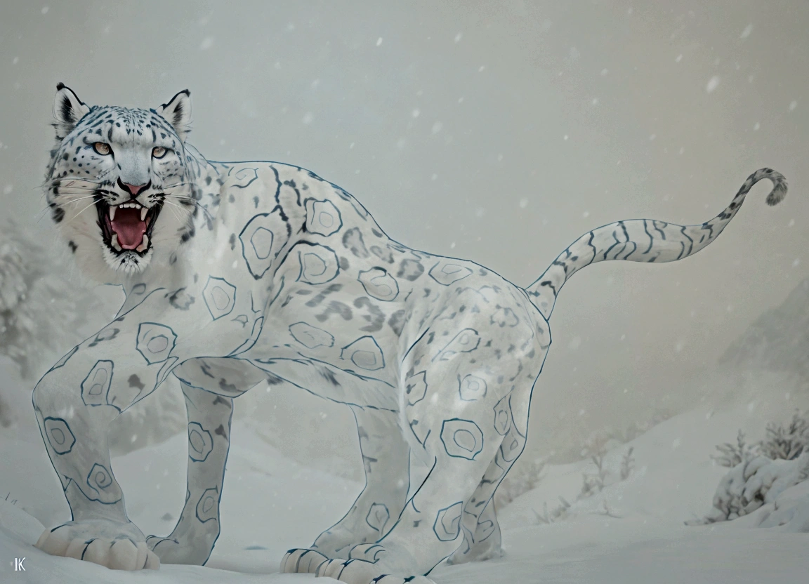 A giant snow leopard, white with grey and blue spotted, (3 giant fangs in the lower part of the mouth), photorealistic, 8k, uhd, masterpiece, in a snow land in the edge of a forest