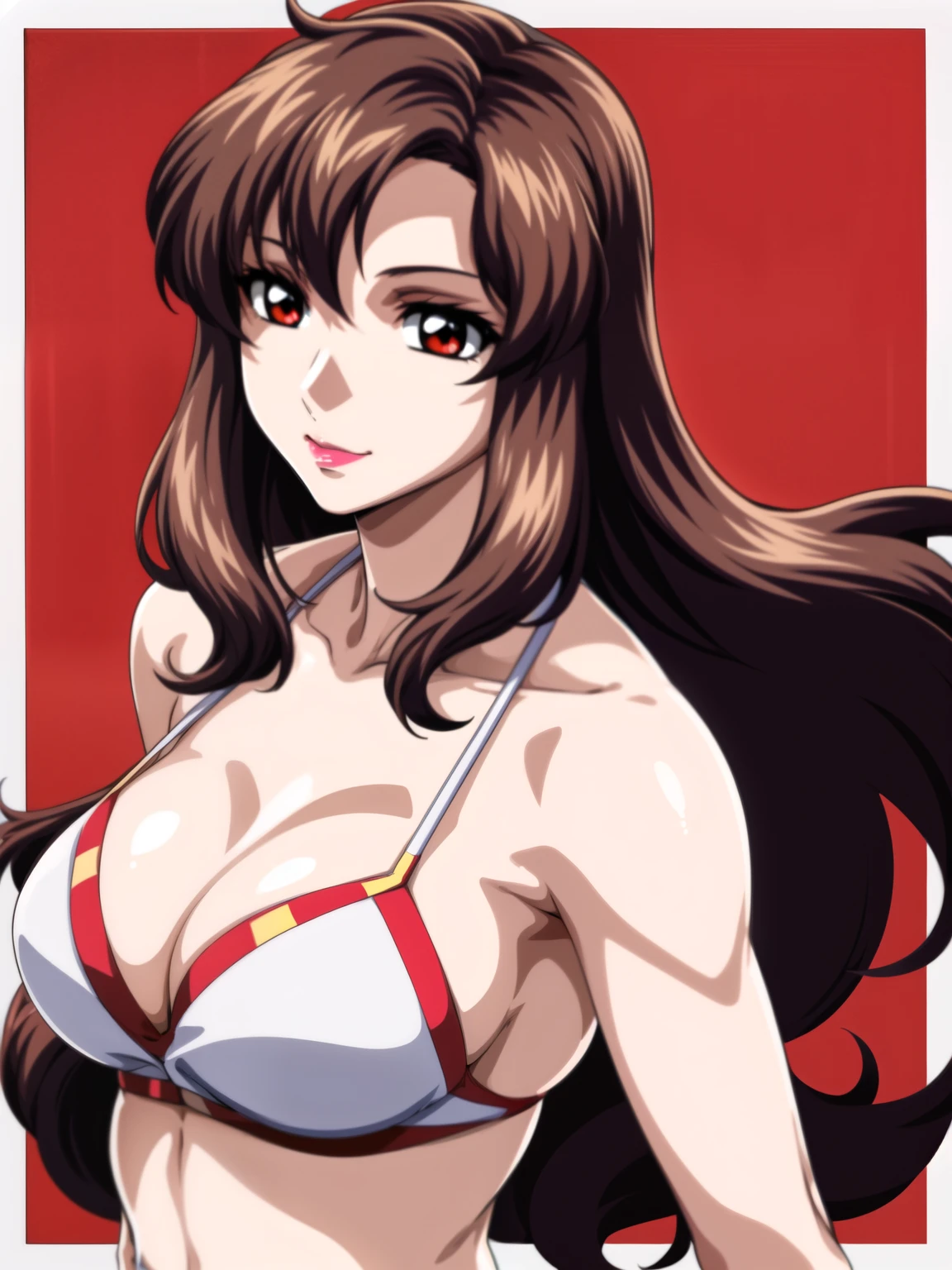 Simple Background, White Background, standing, bikini, cowboy shot
bangs, brown hair,  longhair, red eyes, lipstick, makeup,
1 girl, Young female, Beautiful long legs, Beautiful body, Beautiful Nose, Beautiful character design, perfect eyes, perfect face, expressive eyes, perfect balance,
(masterpiece:1.0),(best_quality:1.0), ultra high res,4K,ultra-detailed,