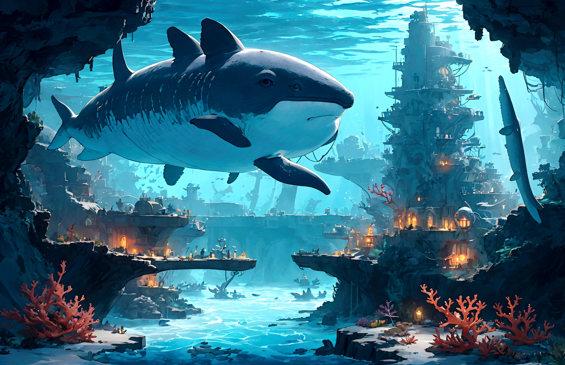 A massive underwater city with submarines and coral reefs, sunken ships, whales, bubbles, 