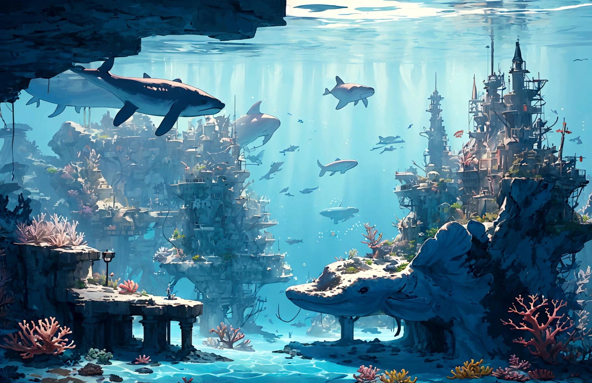 A massive underwater city with submarines and coral reefs, sunken ships, whales, bubbles, 