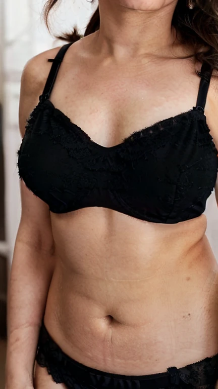 Close up belly shot,T4mm,body bustshot,sexy busty milf,Masterpiece,half body close up of a average size woman in a sexy ((black bralette and panty)) ,very seductive pose, close body shot, stylish pose, sexy girl, beautiful pose, sexy pose, very sexy pose, gorgeous lady, chest up bust shot,(( 33 year old)),