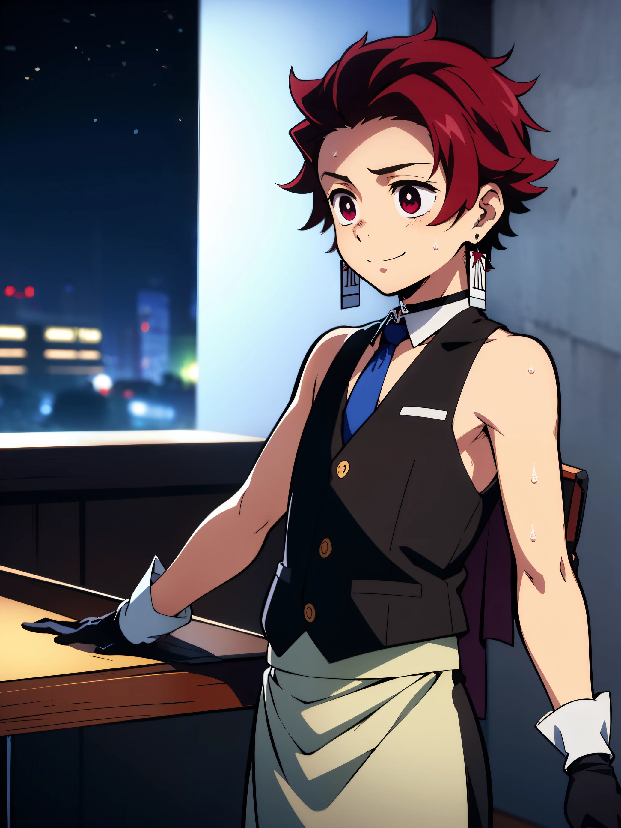 Highres, Masterpiece, Best quality at best,Best Quality,hight quality, hight detailed, Anime style, Tanjiro, red hair, earring, 1boy, Boy, Shota, Solo person, (Sleeveless vest, Bare shoulder), Tie, Gloves, Choker, Casino, Waiter, night day, Slim body, smile, sweat, Body, Simple beckground, Seen from the front, ( boy), (very small and short body), , 