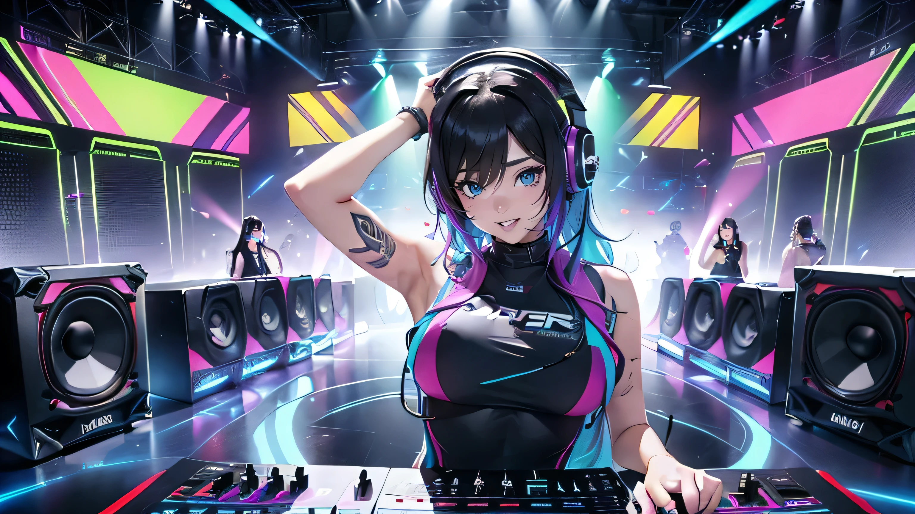 Masseter muscle area、Ultra-fine、Surreal、Beautiful female DJ in DJ suit with black top and Headphones、DJ Set、sporty、Headphones DJ Rave, sporty, Headphones、DJ at a party、DJ Rave 、Collection Station、(((Huge speaker in the background)))、(((Dancing crowd)))、(Colorful Hair)、Shiny Hair、(Laughter)、Colored inside、Smokey、(Pause)