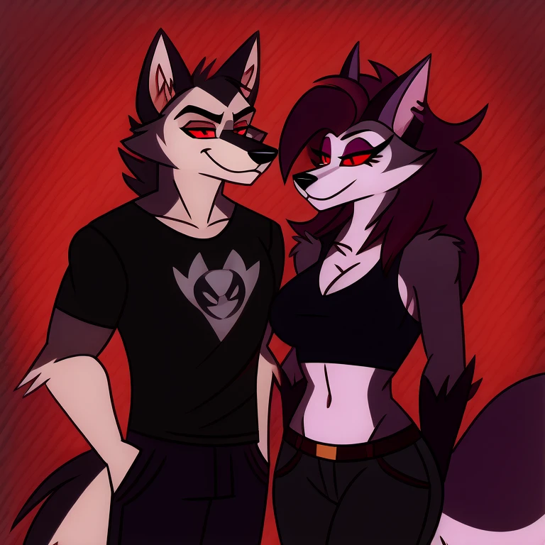 (masterpiece, best quality:1.2), Vortex female hellhound, wolf, furry, helluva boss, he wears a black t-shirt with a gray vest with red spikes on the shoulders and black pants.