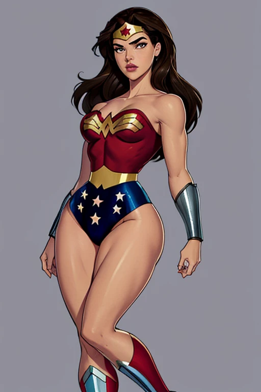 PhotoRealistic Art Style Best Qualit:1.3, Natural Beauty, Masterpiece, Full Body View Visible, Hailee Steinfeld, Perfectly Accurate Face Proportion,Realistic Light Hazel Brown Eyes, Thick Eyebrows, Brown hair, slim toned Thighs, tight ass, perky round breast , slim athletic body type, perfect body type, wonder woman, Regal Posture with Focus on Buttocks: Standing elegantly with one foot slightly in front of the other, the tight suit clings to Wonder Woman’s body, highlighting the curves of her hips and the shape of her buttocks. The suit's fit emphasizes her graceful yet powerful form, with the smooth lines accentuating her posture.