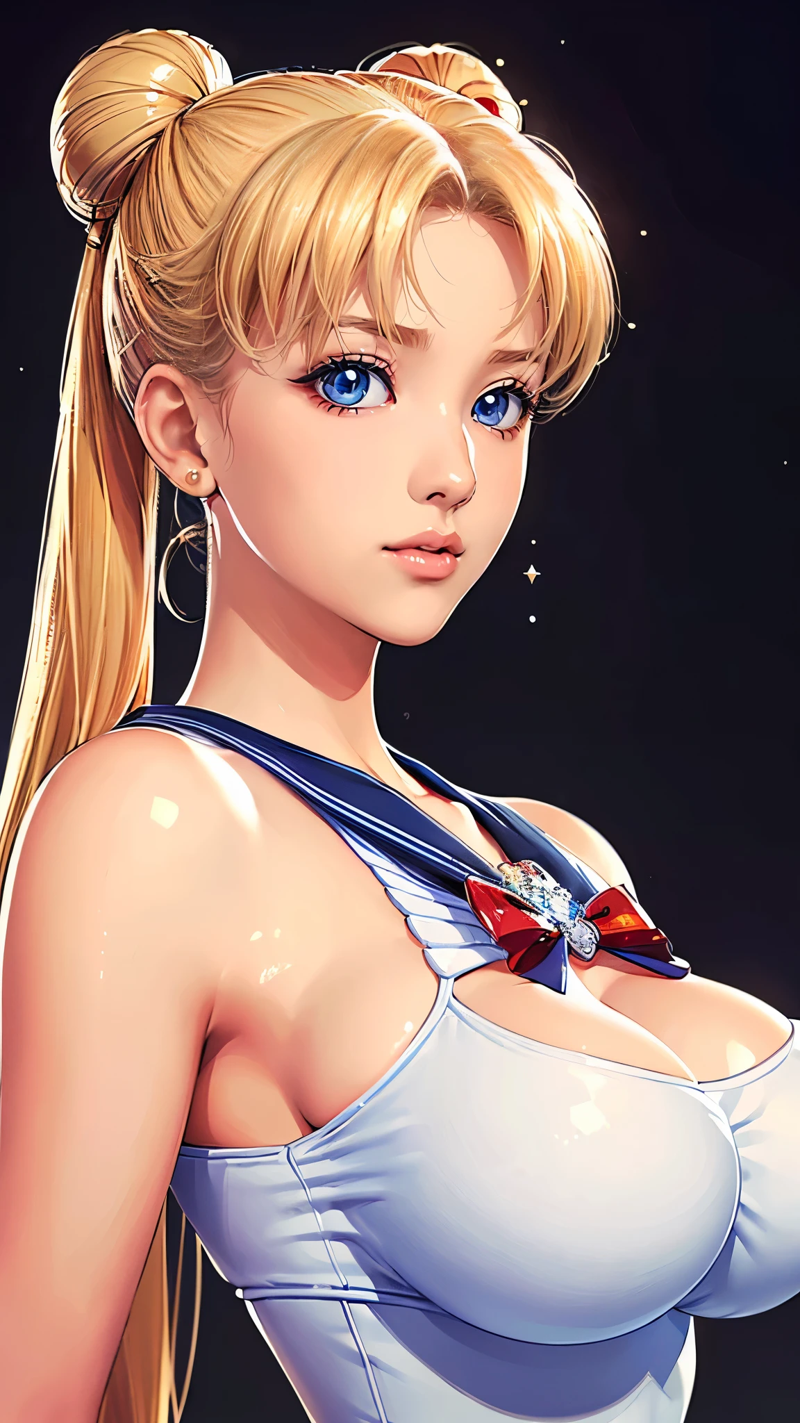 (((Perfect body,White and tender skin,(((Blue and white sailor suit, black high heels, and a bright red bow on the chest))),(((SMUsagiTsukino,Slender and soft golden hair, crystal clear and delicate skin, bright blue big eyes, thin cherry colored lips,,))),((masterpiece)),highres,((Best quality at best)),masterpiece,quality,Best quality,((( Exquisite facial features,Looking at the audience,There is light in the eyes,(((lol,happy))),))),(((Light and shadow,Huge breasts,))),(((Looking at the camera,black background,))))