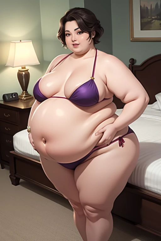 Best quality, solo obese mature woman, bbw, overweight, big saggy breasts, big hips, very fat, big round pregnant belly, short hair, apricot eyes, full lips, seductive, beautiful hands, sexy bikini, (looking at viewer seductively), romantic hotel room
