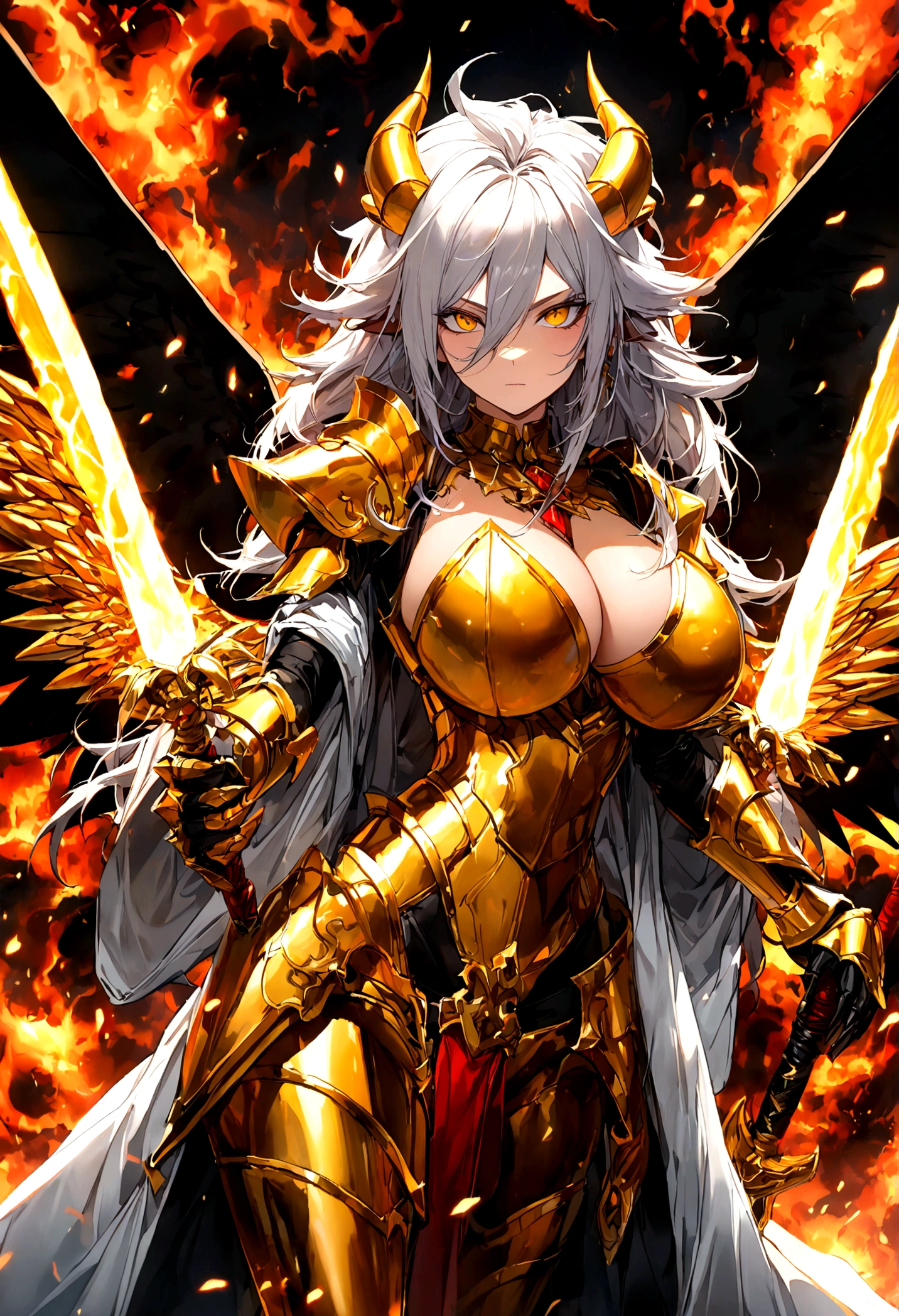 ((Lightning Power)), ((Electricity)), ((Fire Background)), ((android 21 Evil)), (((white Coat))), (((Darkness power))), (((Busty))), (((((Big breast:1,3)))), luxury bustier corset, ((silver hair)), (((Very slim waist))), propotional body, ((Gorgeous)), ((Fire gold wings)), masterpiece, hyperdetail, ambient effect, digital effect, (((FIRE SWORD)), (((Lightning Sword))), (((Fire Gold Armor))), ((Lightning Gold Wings)), ((Fire Demon Horns))